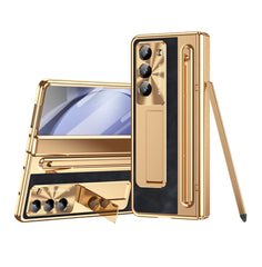 Luxury Leather Golden Electroplated Phone Case With Stylus For Galaxy Z Fold 6/5/4/3 With Back Screen Glass