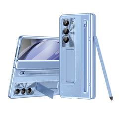 Luxury Leather Golden Electroplated Phone Case With Stylus For Galaxy Z Fold 6/5/4/3 With Back Screen Glass