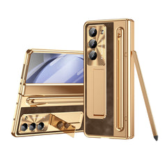Luxury Leather Golden Electroplated Phone Case With Stylus For Galaxy Z Fold 6/5/4/3 With Back Screen Glass