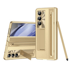 Luxury Leather Golden Electroplated Phone Case With Stylus For Galaxy Z Fold 6/5/4/3 With Back Screen Glass