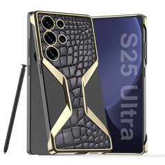 Golden Electroplated Crocodile Pattern Leather Shockproof Phone Case For Galaxy S25 Ultra