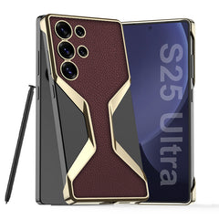 Golden Electroplated Leather Shockproof Phone Case For Galaxy S25 Ultra