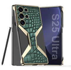 Golden Electroplated Crocodile Pattern Leather Shockproof Phone Case For Galaxy S25 Ultra