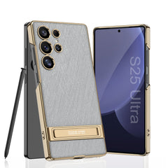 Electroplated Leather Shockproof Phone Case With Golden Bracket For Galaxy