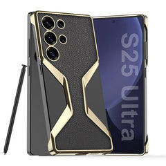 Golden Electroplated Leather Shockproof Phone Case For Galaxy S25 Ultra