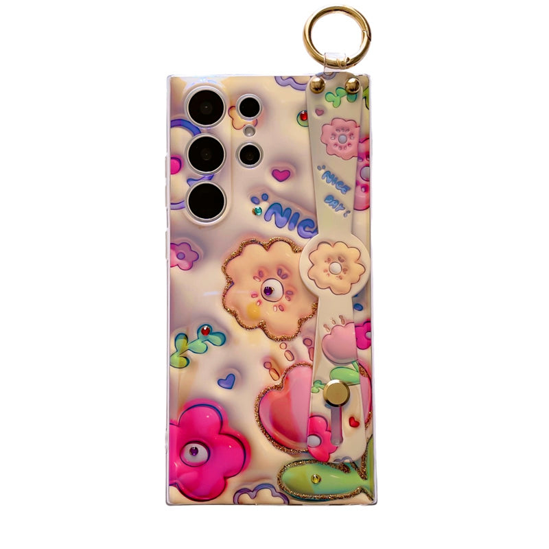 Glitter Blue Light 3D Tulips Case For Samsung Galaxy S24 S23 S22 S21 Ultra Plus Soft Silicone With Wrist Strap Support Stand Shell - Mycasety Mycasety