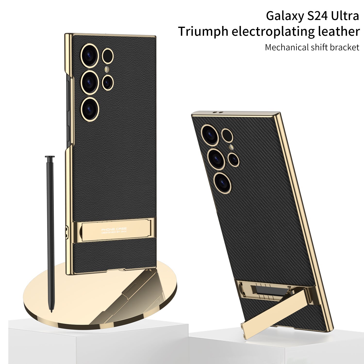 Leather Electroplated Protective Phone Case With Golden Holder For Galaxy