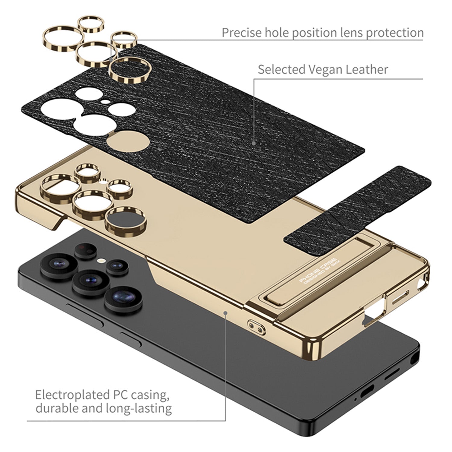 Electroplated Leather Shockproof Phone Case With Golden Bracket For Galaxy