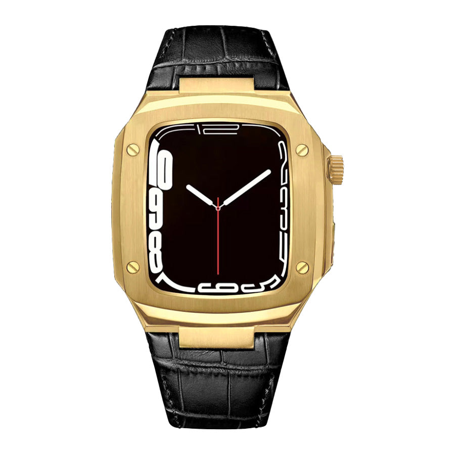 Luxury Metal Case Leather Strap For Apple Watch Series 44/45 mm - Mycasety Mycasety