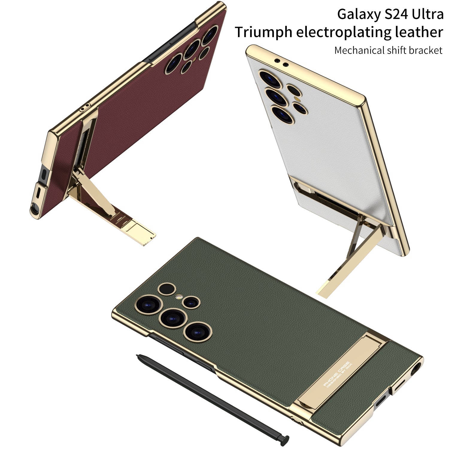 Leather Electroplated Protective Phone Case With Golden Holder For Galaxy