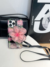 Load image into Gallery viewer, Icy Black Pink Flower Wristband iPhone Case with Messenger Strap
