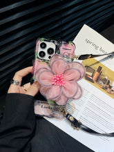 Load image into Gallery viewer, Icy Black Pink Flower Wristband iPhone Case with Messenger Strap
