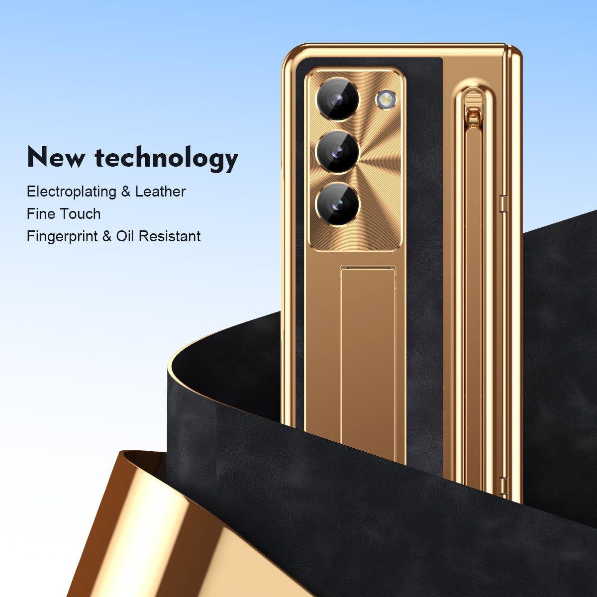 Luxury Leather Golden Electroplated Phone Case With Stylus For Galaxy Z Fold 6/5/4/3 With Back Screen Glass