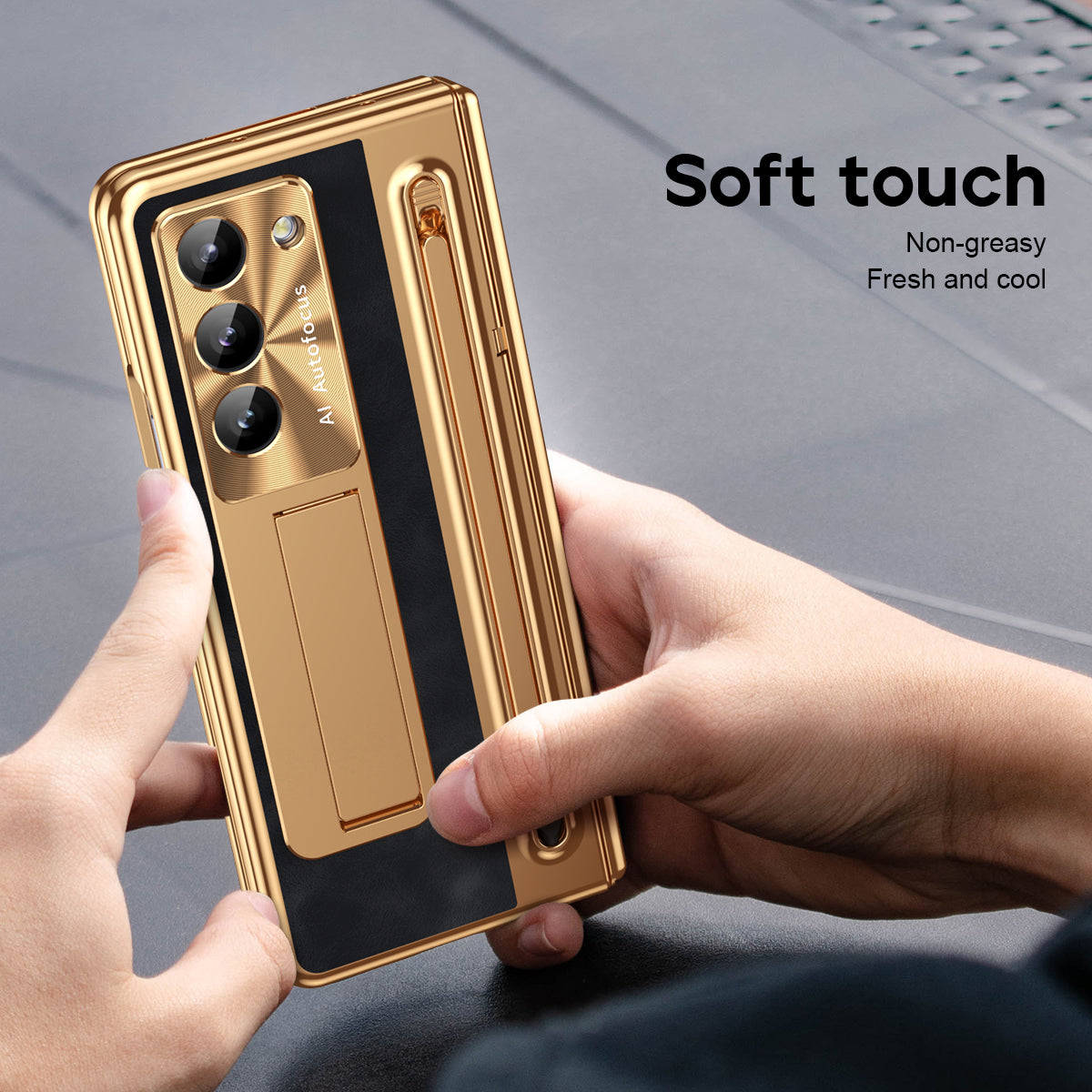 Luxury Leather Golden Electroplated Phone Case With Stylus For Galaxy Z Fold 6/5/4/3 With Back Screen Glass