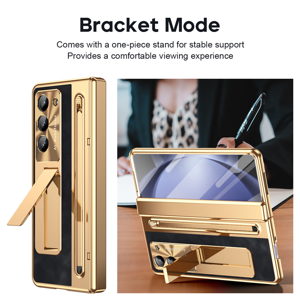 Luxury Leather Golden Electroplated Phone Case With Stylus For Galaxy Z Fold 6/5/4/3 With Back Screen Glass