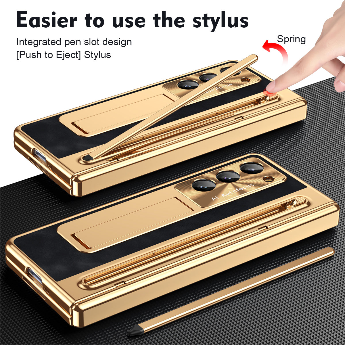Luxury Leather Golden Electroplated Phone Case With Stylus For Galaxy Z Fold 6/5/4/3 With Back Screen Glass