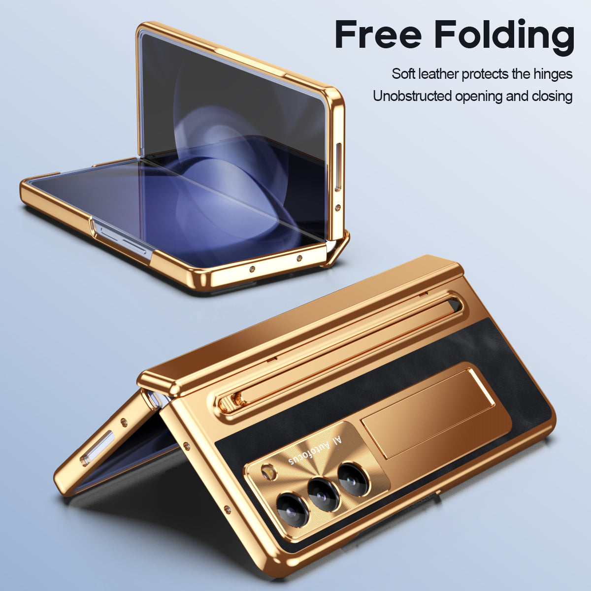 Luxury Leather Golden Electroplated Phone Case With Stylus For Galaxy Z Fold 6/5/4/3 With Back Screen Glass