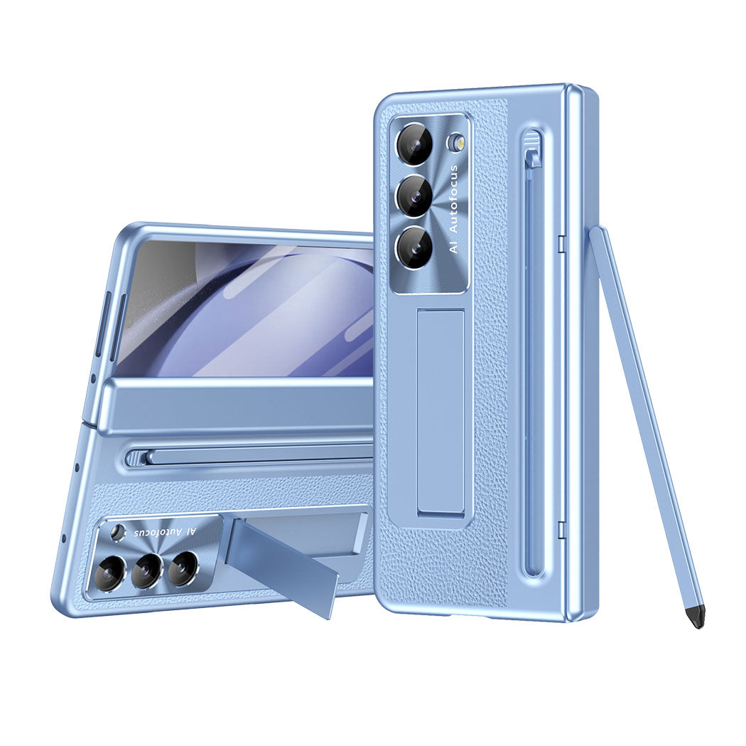 Luxury Leather Golden Electroplated Phone Case With Stylus For Galaxy Z Fold 6/5/4/3 With Back Screen Glass