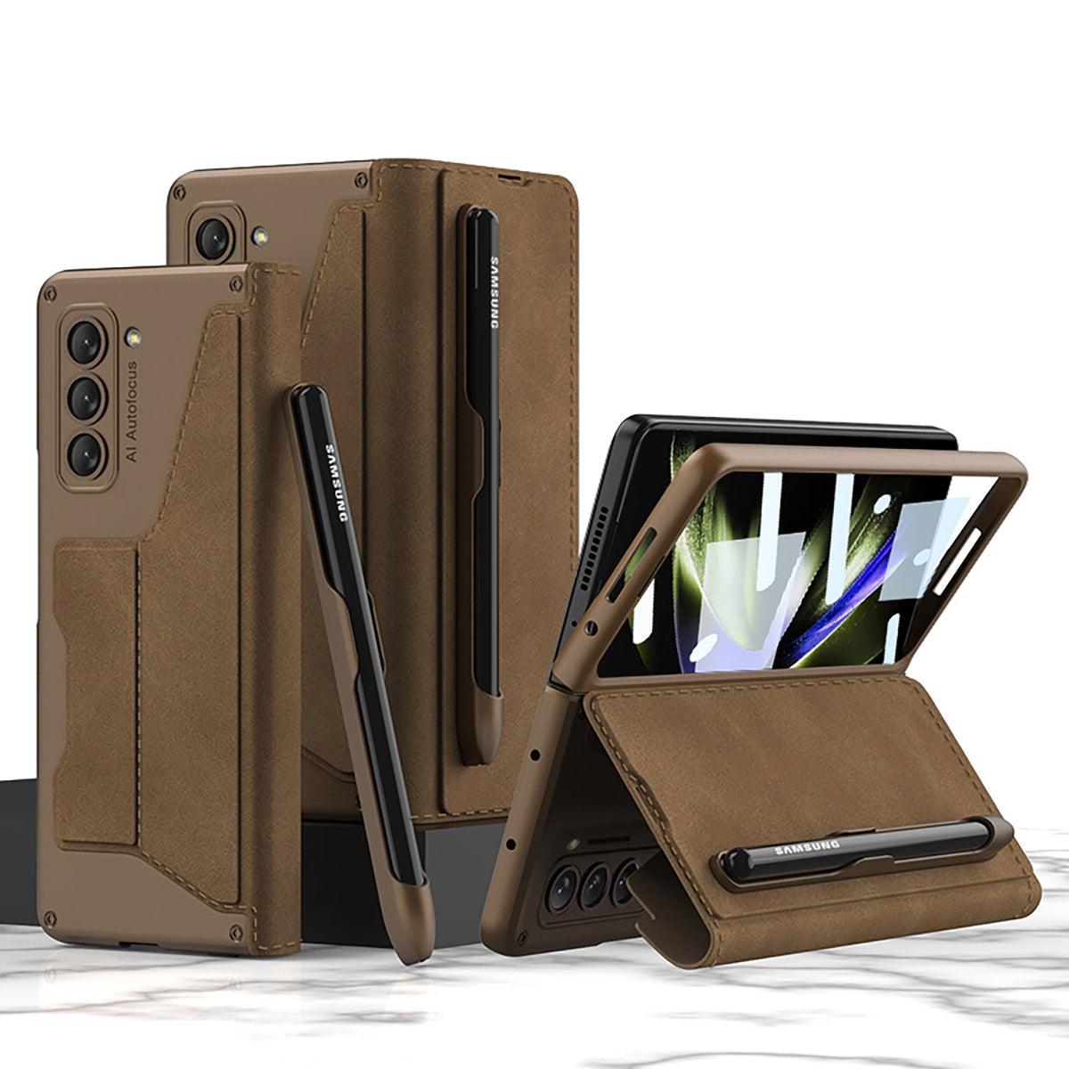 Luxurious Suede Cover Shockproof Phone Case With Screen Protector and Pen Slot For Galaxy Z Fold 6/5/4/3