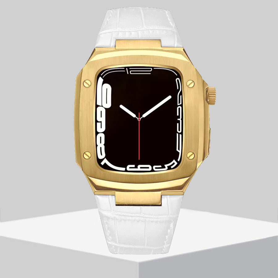 Luxury Metal Case Leather Strap For Apple Watch Series 44/45 mm - Mycasety Mycasety