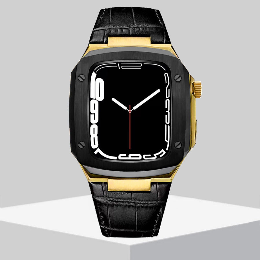 Luxury Metal Case Leather Strap For Apple Watch Series 44/45 mm - Mycasety Mycasety