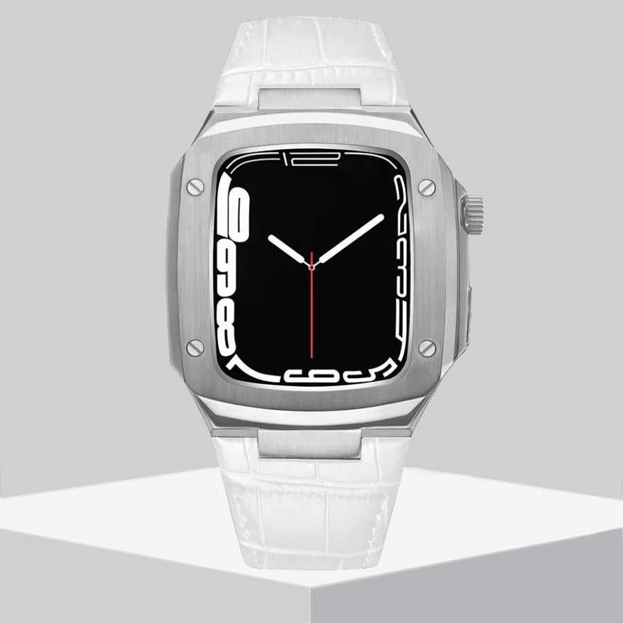 Luxury Metal Case Leather Strap For Apple Watch Series 44/45 mm - Mycasety Mycasety