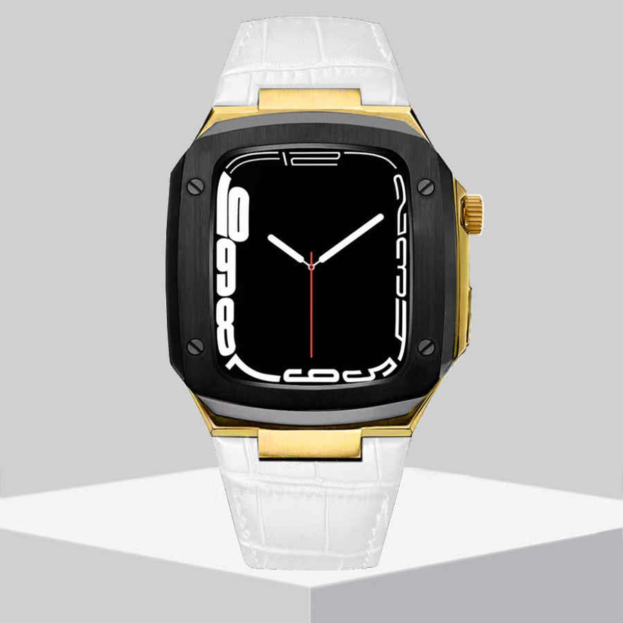 Luxury Metal Case Leather Strap For Apple Watch Series 44/45 mm - Mycasety Mycasety