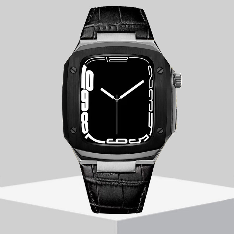 Luxury Metal Case Leather Strap For Apple Watch Series 44/45 mm - Mycasety Mycasety