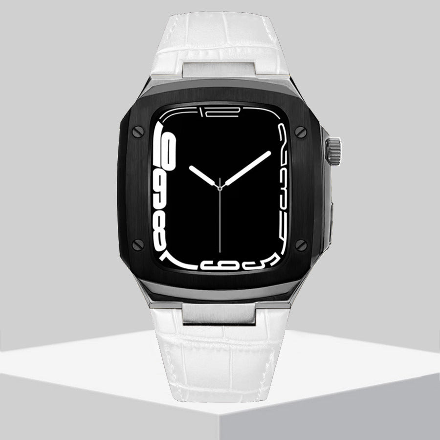 Luxury Metal Case Leather Strap For Apple Watch Series 44/45 mm - Mycasety Mycasety