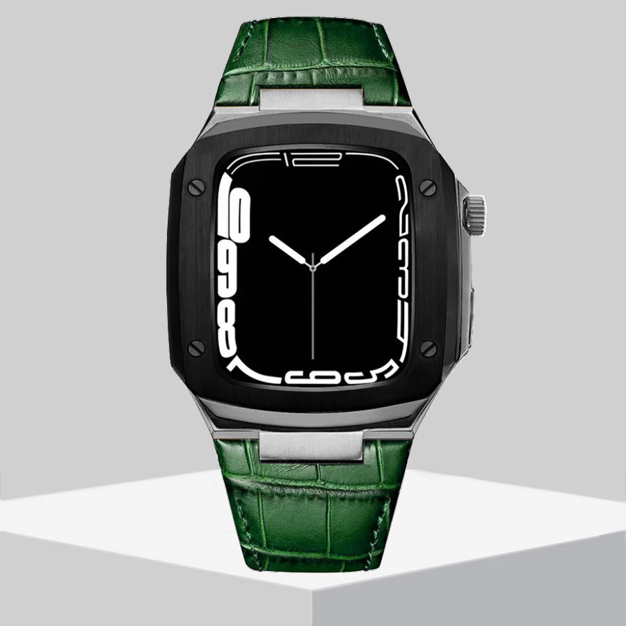 Luxury Metal Case Leather Strap For Apple Watch Series 44/45 mm - Mycasety Mycasety