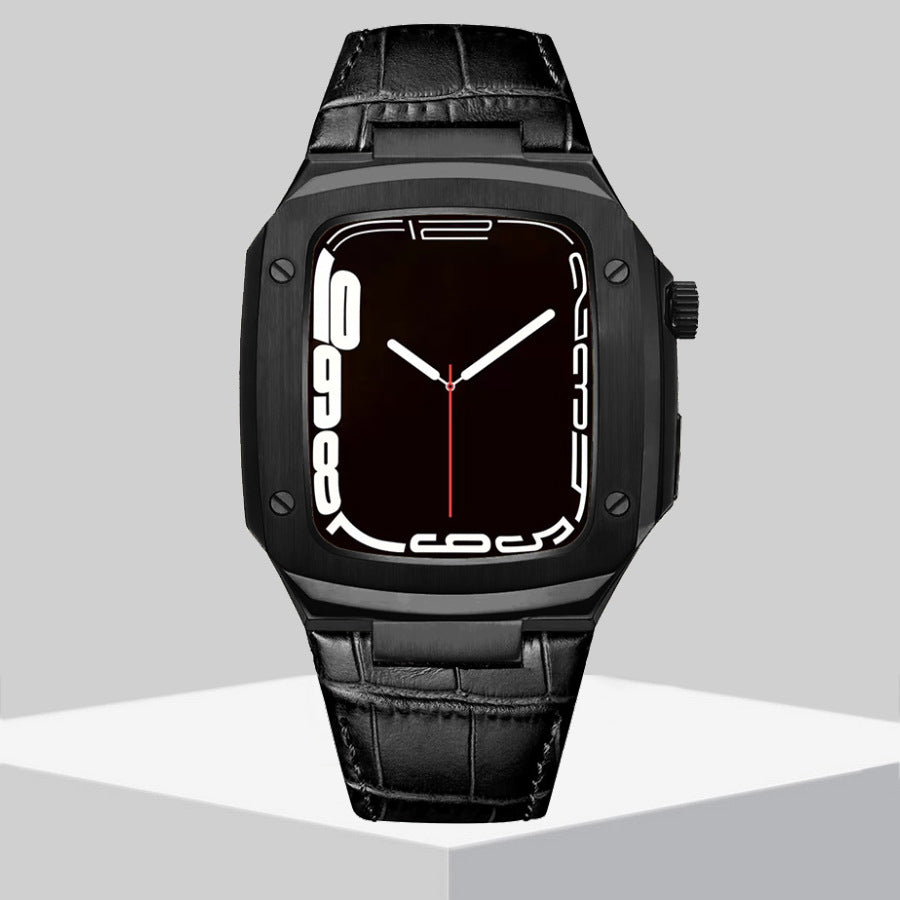 Luxury Metal Case Leather Strap For Apple Watch Series 44/45 mm - Mycasety Mycasety