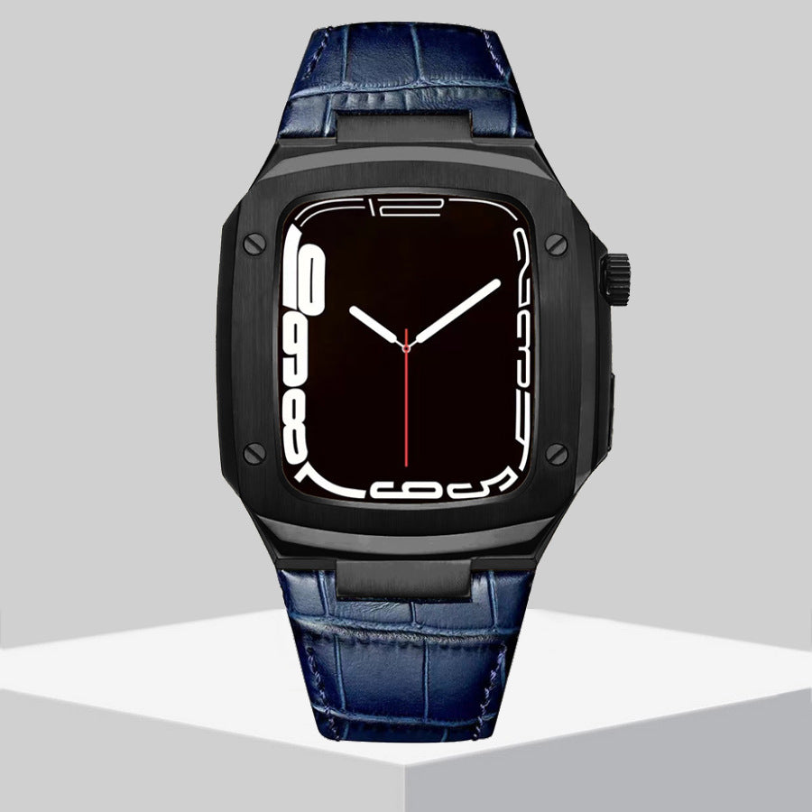 Luxury Metal Case Leather Strap For Apple Watch Series 44/45 mm - Mycasety Mycasety