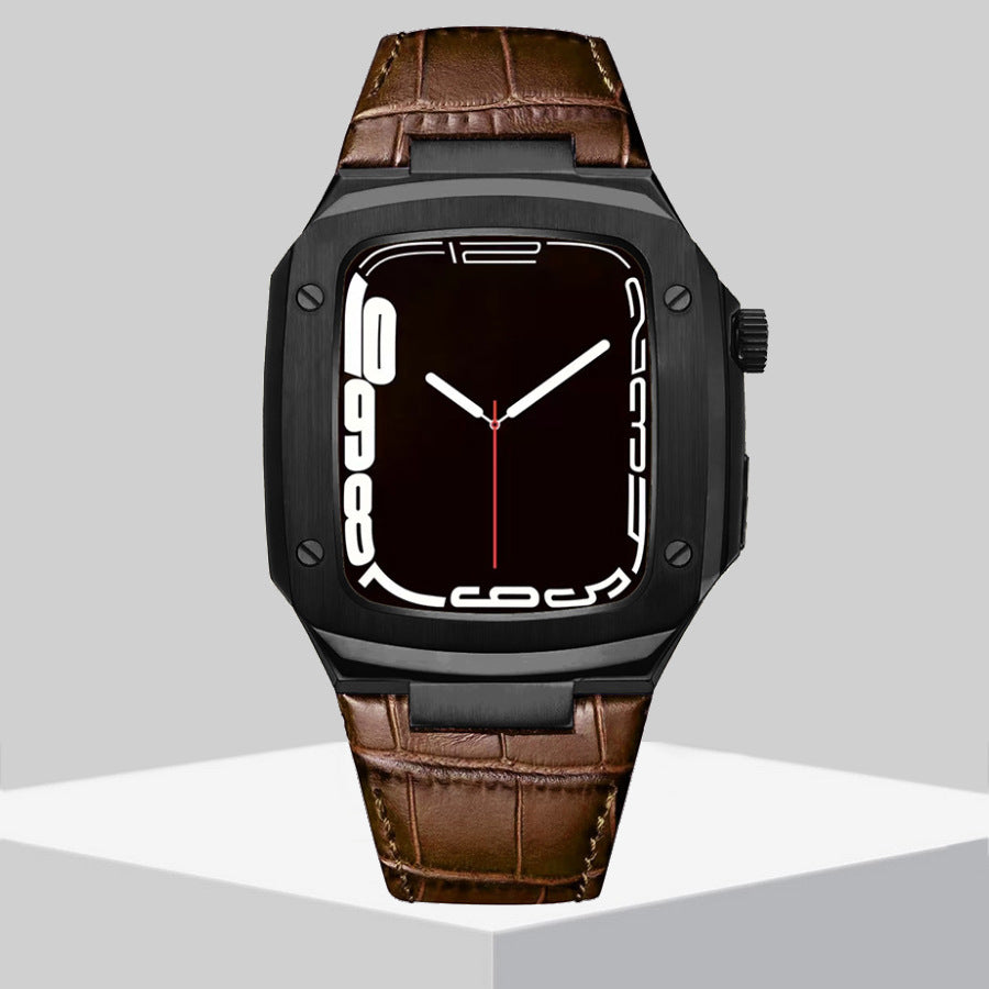 Luxury Metal Case Leather Strap For Apple Watch Series 44/45 mm - Mycasety Mycasety