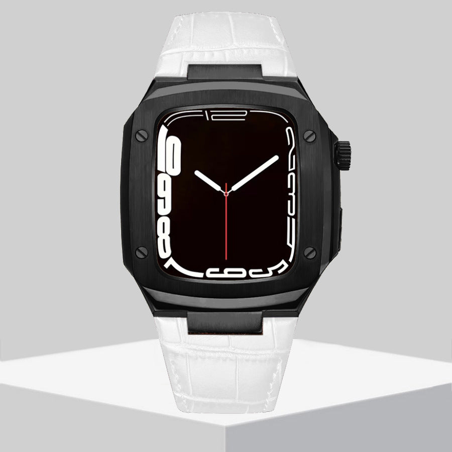 Luxury Metal Case Leather Strap For Apple Watch Series 44/45 mm - Mycasety Mycasety