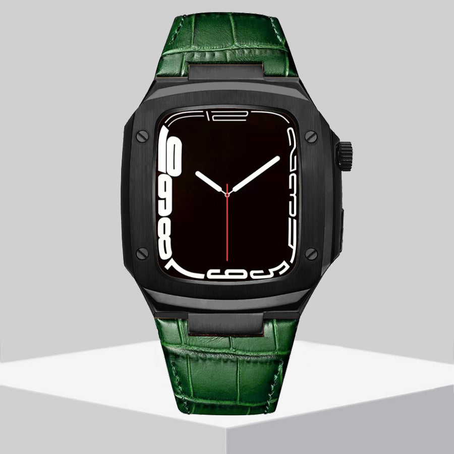 Luxury Metal Case Leather Strap For Apple Watch Series 44/45 mm - Mycasety Mycasety