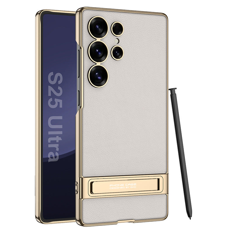 Leather Electroplated Protective Phone Case With Golden Holder For Galaxy