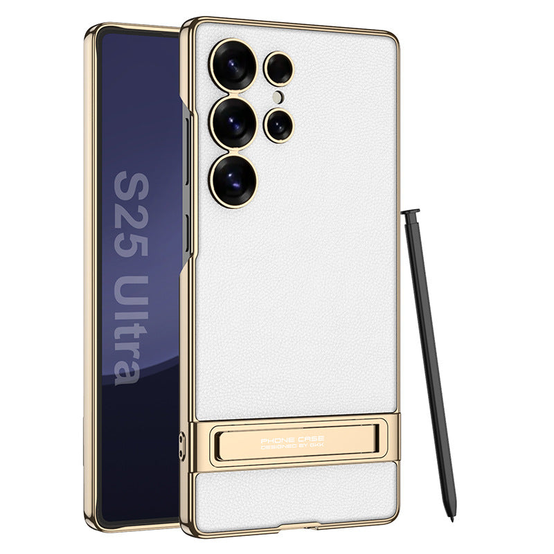 Leather Electroplated Protective Phone Case With Golden Holder For Galaxy