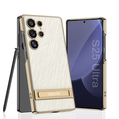 Electroplated Leather Shockproof Phone Case With Golden Bracket For Galaxy
