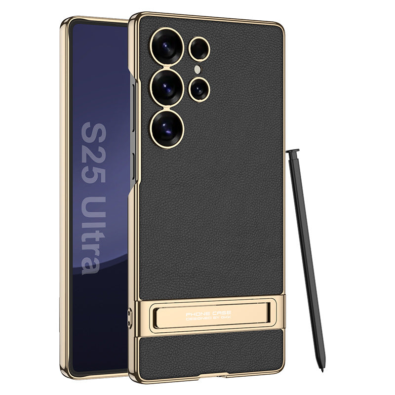 Leather Electroplated Protective Phone Case With Golden Holder For Galaxy