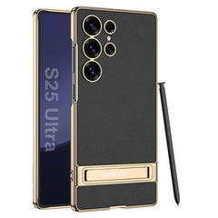 Leather Electroplated Protective Phone Case With Golden Holder For Galaxy
