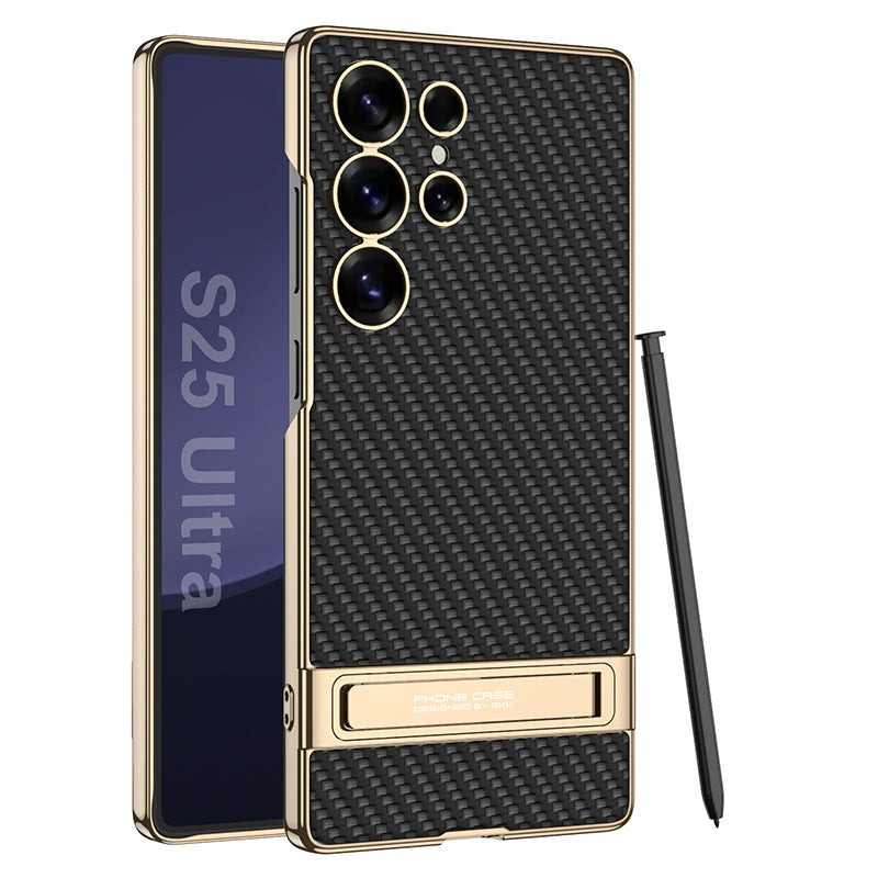 Leather Electroplated Protective Phone Case With Golden Holder For Galaxy
