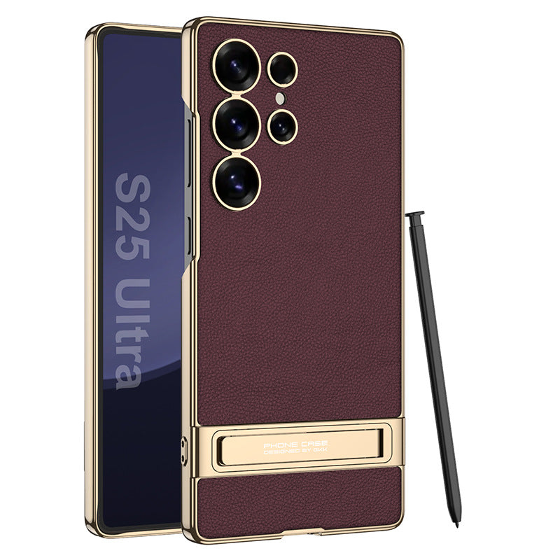 Leather Electroplated Protective Phone Case With Golden Holder For Galaxy