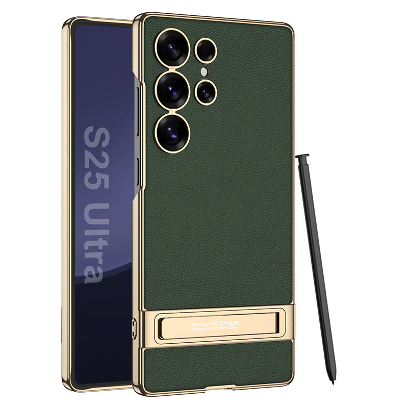 Leather Electroplated Protective Phone Case With Golden Holder For Galaxy
