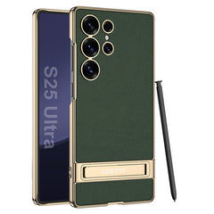 Leather Electroplated Protective Phone Case With Golden Holder For Galaxy