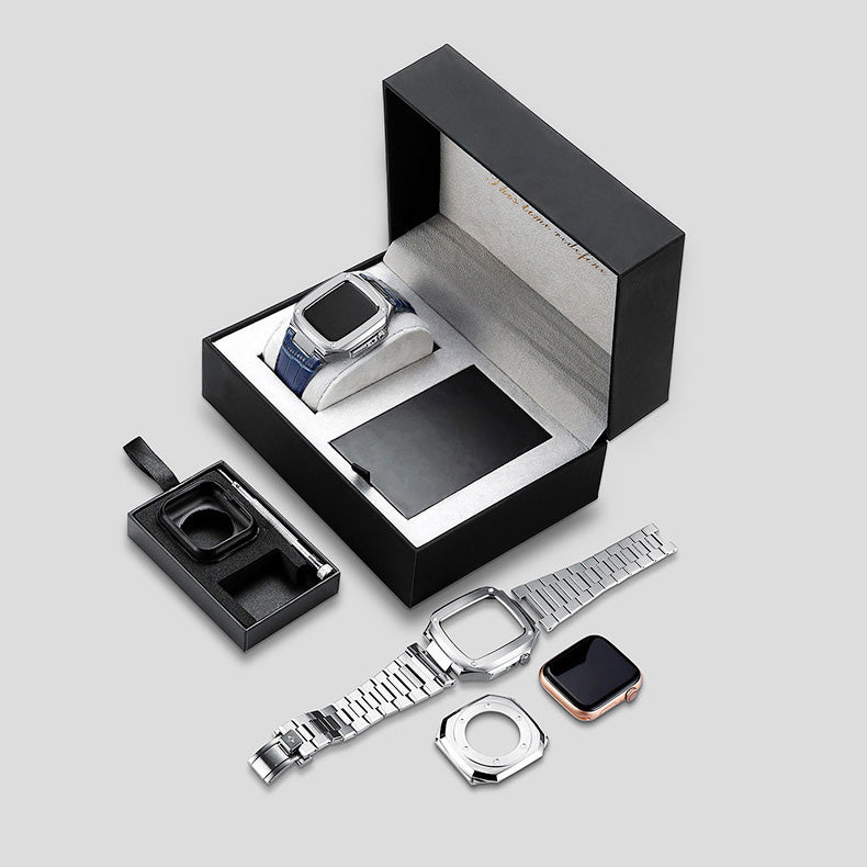 Luxury Metal Case Leather Strap For Apple Watch Series 44/45 mm - Mycasety Mycasety