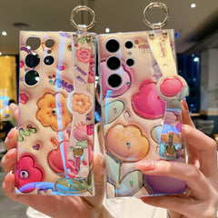 Glitter Blue Light 3D Tulips Case For Samsung Galaxy S24 S23 S22 S21 Ultra Plus Soft Silicone With Wrist Strap Support Stand Shell - Mycasety Mycasety