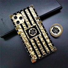 Load image into Gallery viewer, 2021 Luxury Brand Black Rose Flower Stripe Glitter Gold Square Case For iPhone pphonecover
