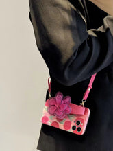 Load image into Gallery viewer, Icy Black Pink Flower Wristband iPhone Case with Messenger Strap
