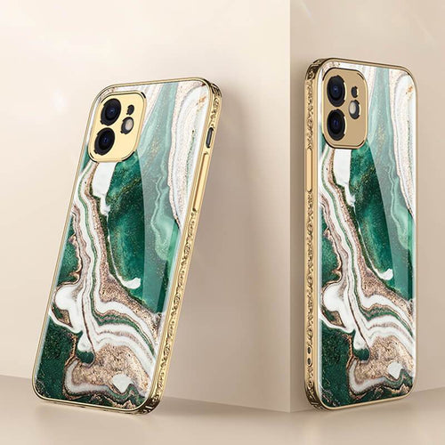 2021 Luxury Marble Plating Anti-knock Carving Edge Protection Tempered Glass Case For iPhone pphonecover