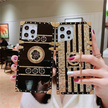 Load image into Gallery viewer, 2021 Luxury Brand Black Rose Flower Stripe Glitter Gold Square Case For iPhone pphonecover
